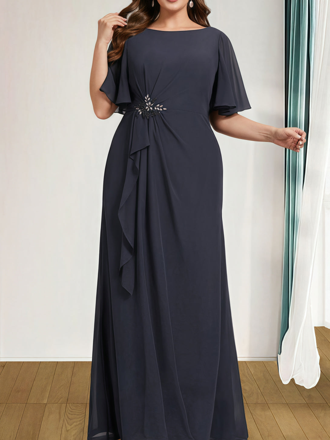 A-Line Boat Neck Flutter Straps Floor-Length Chiffon Mother of the Bride Dress With Cascading Ruffles/Beads BabaMila