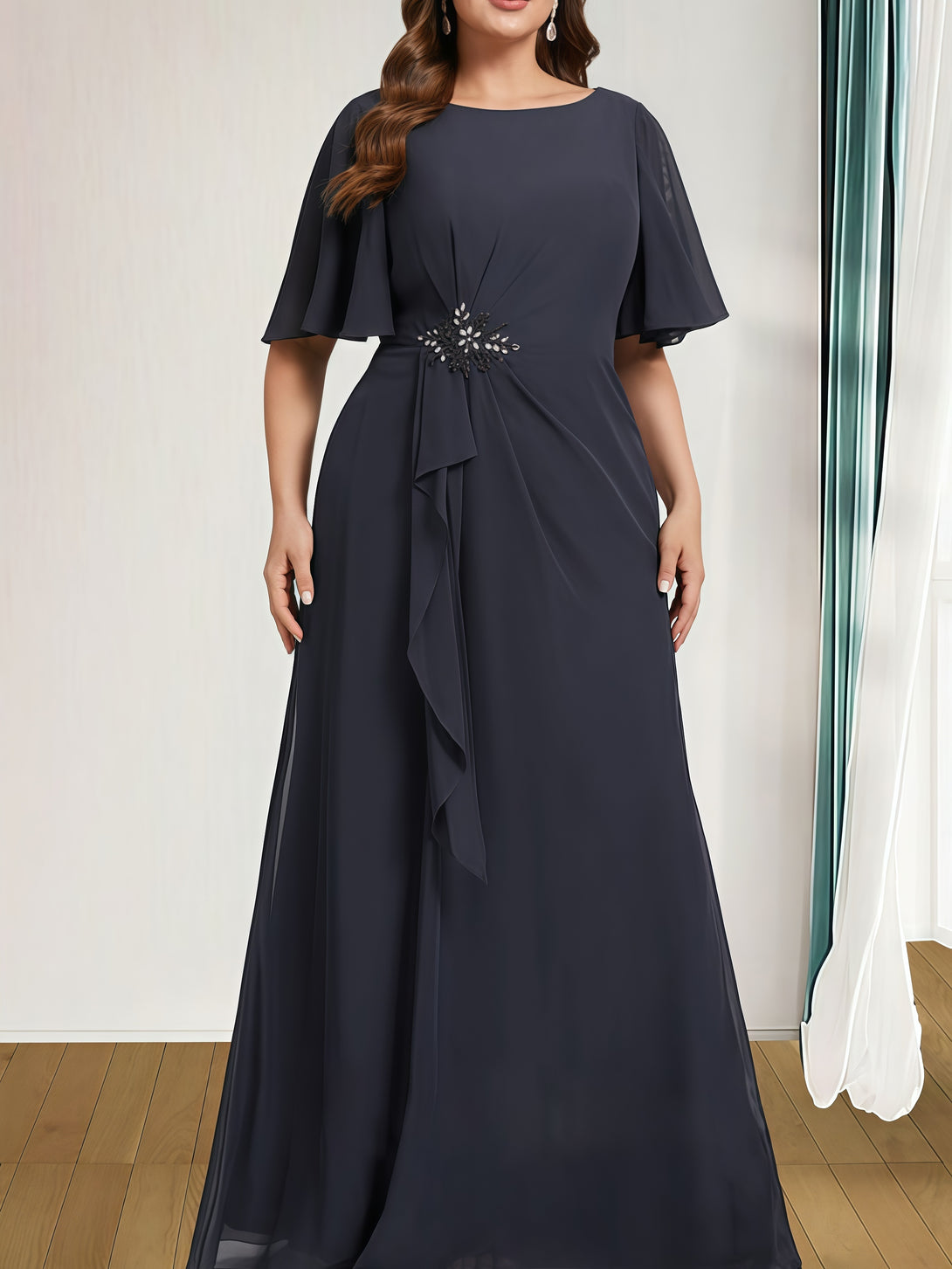 A-Line Boat Neck Flutter Straps Floor-Length Chiffon Mother of the Bride Dress With Cascading Ruffles/Beads BabaMila