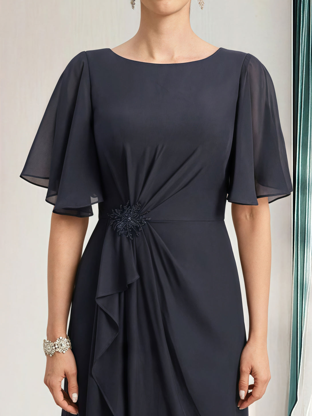 A-Line Boat Neck Flutter Straps Floor-Length Chiffon Mother of the Bride Dress With Cascading Ruffles/Beads BabaMila