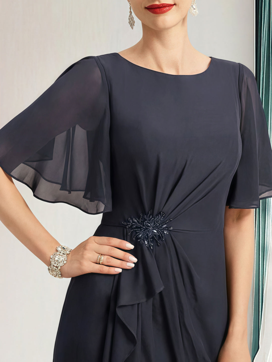 A-Line Boat Neck Flutter Straps Floor-Length Chiffon Mother of the Bride Dress With Cascading Ruffles/Beads BabaMila