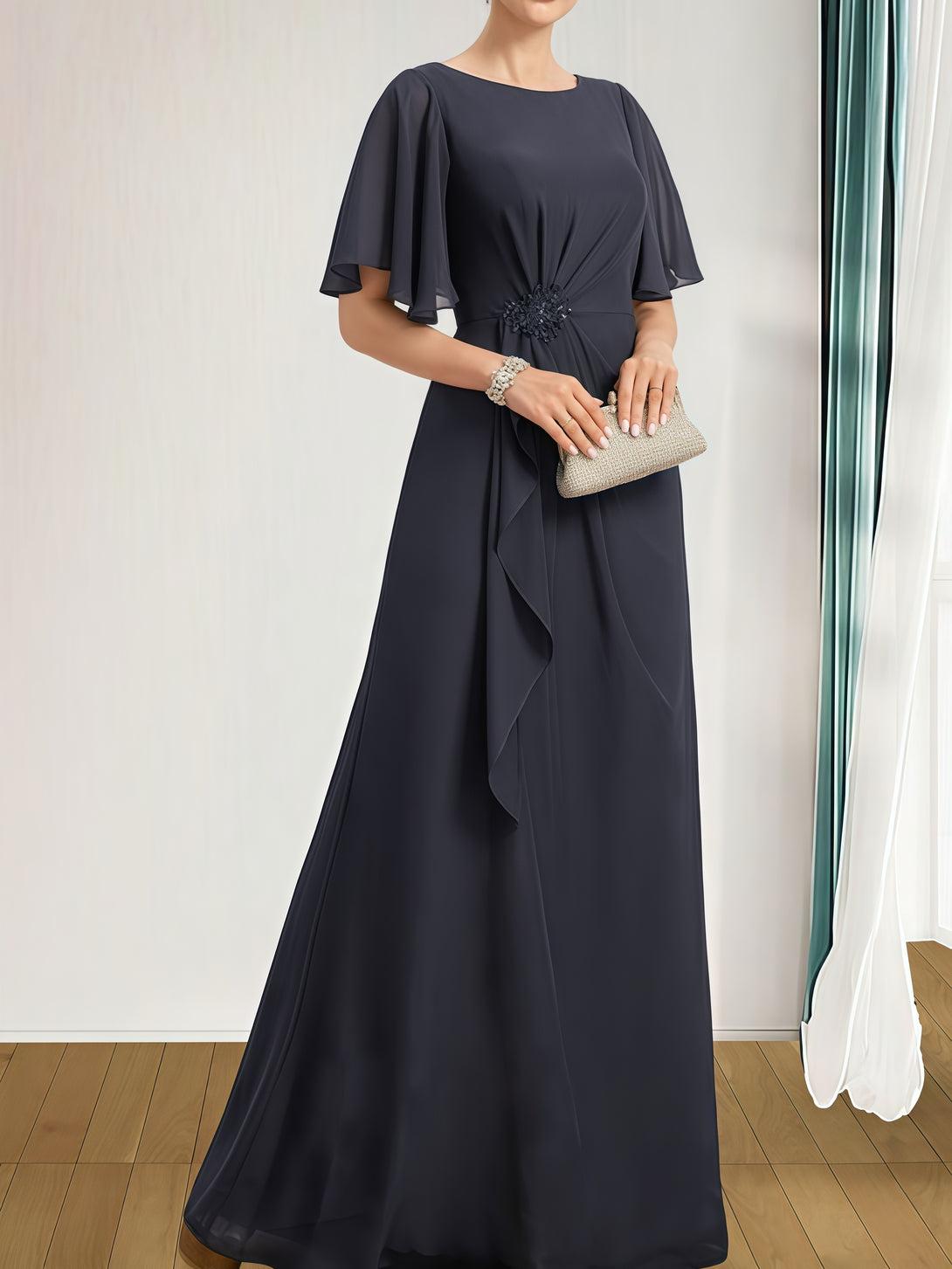 A-Line Boat Neck Flutter Straps Floor-Length Chiffon Mother of the Bride Dress With Cascading Ruffles/Beads BabaMila