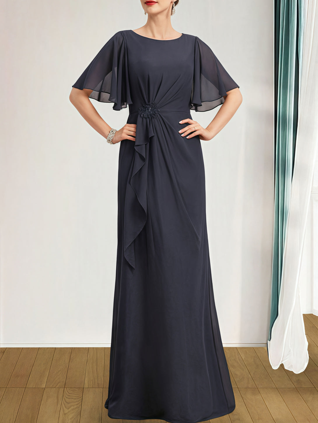 A-Line Boat Neck Flutter Straps Floor-Length Chiffon Mother of the Bride Dress With Cascading Ruffles/Beads BabaMila
