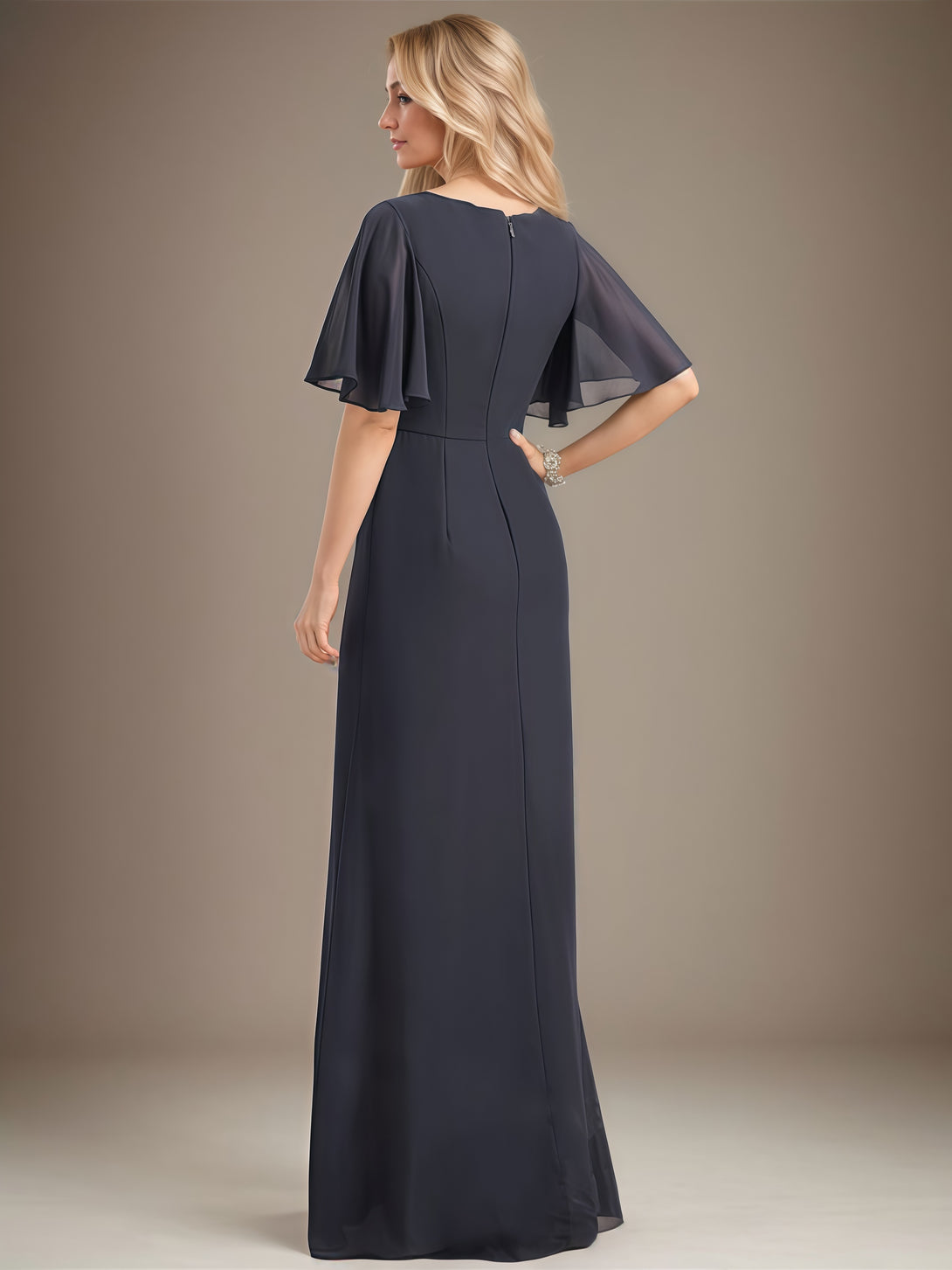 A-Line Boat Neck Flutter Straps Floor-Length Chiffon Mother of the Bride Dress With Cascading Ruffles/Beads BabaMila