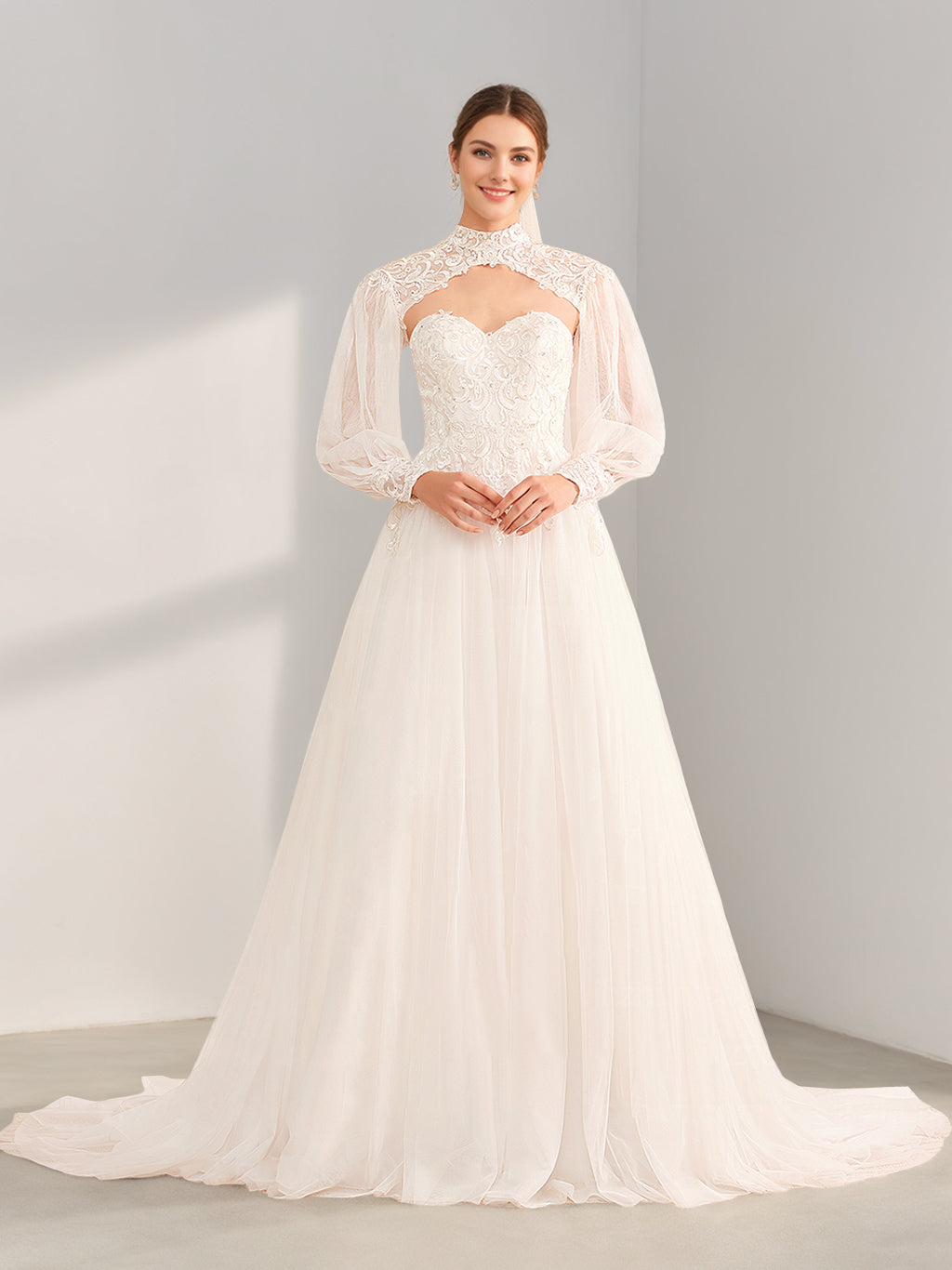 A-Line/Princess Halter Neck Long Sleeves Floor-Length Long Wedding Dress with Lace & Appliques BabaMila