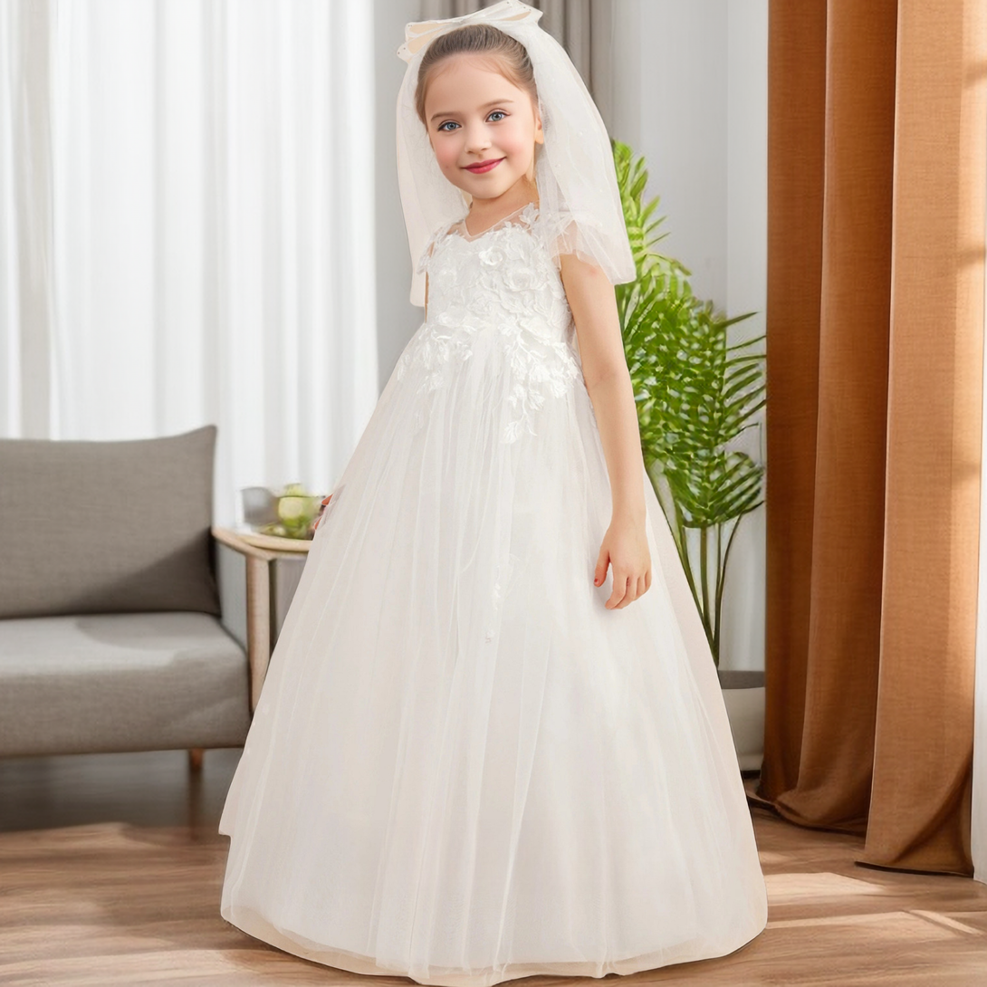 3D Flower V Neck Sleeveless Lace Dresses Girls Gidiondress