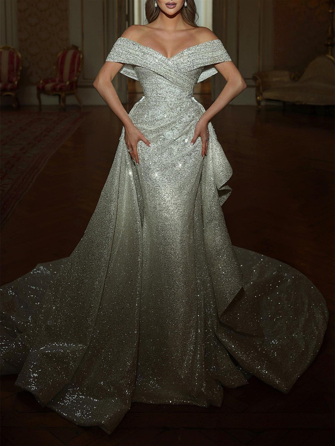 Sheath/Column Off-the-Shoulder Sequined Lace Court Train Prom Dresses With Pleated/Court Train BabaMila