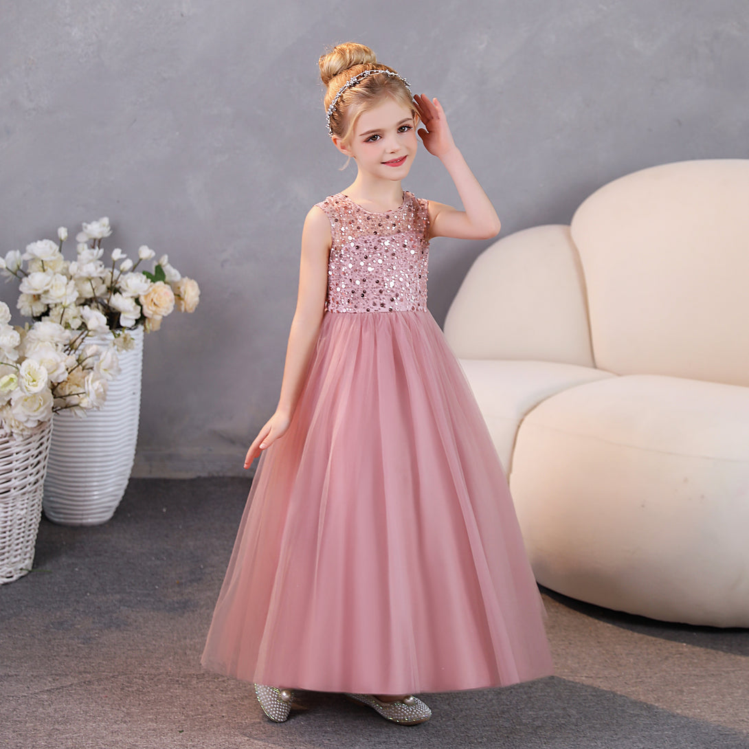 Girls Birthday Dresses Scoop Neck Sleeveless Satin/Tulle Floor-Length Party Dresses With Sequins/Bow Gidiondress