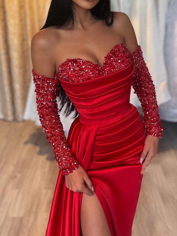 Sheath/Column Sweetheart Floor-length Long Dresses With Split Side/Sequins BabaMila