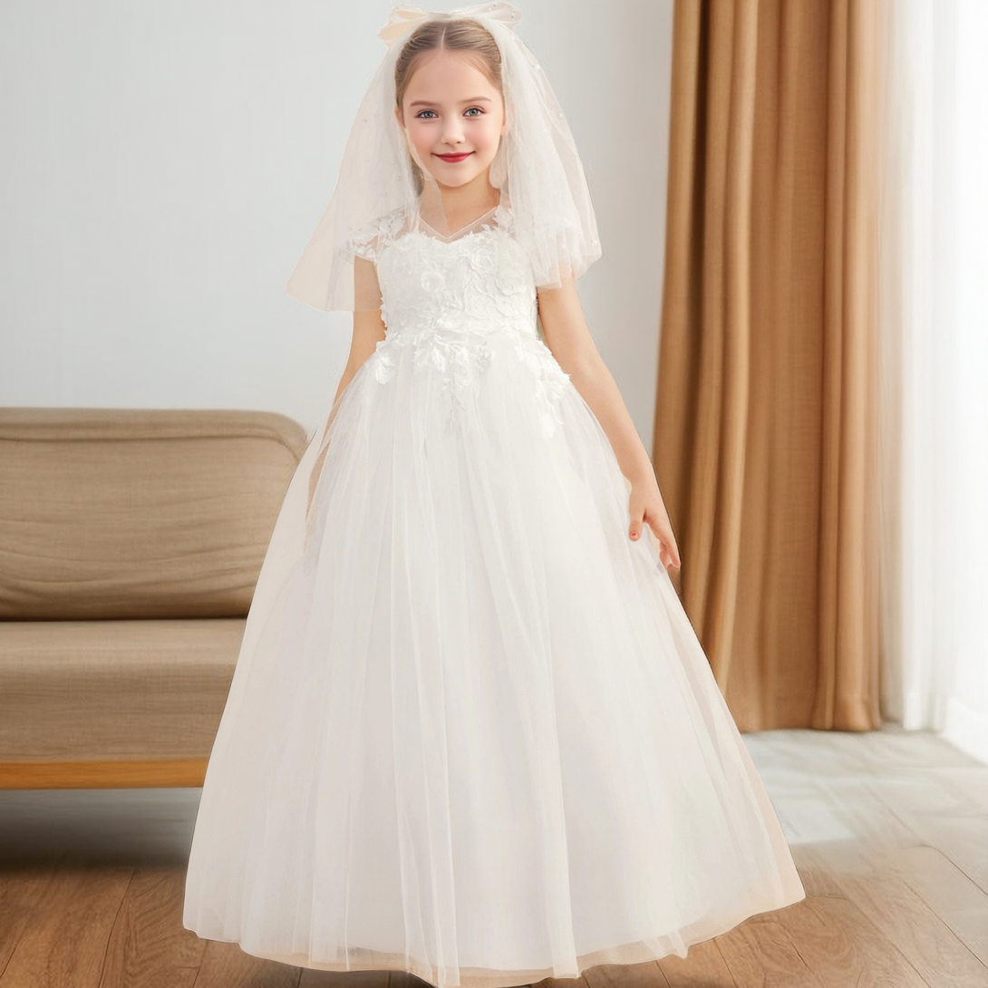 3D Flower V Neck Sleeveless Lace Dresses Girls Gidiondress Ivory 12M