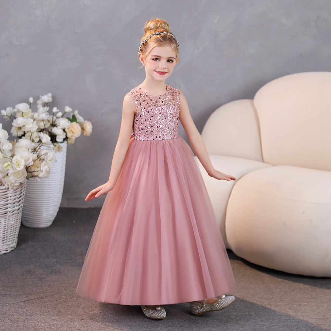 Girls Birthday Dresses Scoop Neck Sleeveless Satin/Tulle Floor-Length Party Dresses With Sequins/Bow Gidiondress As picture 12M