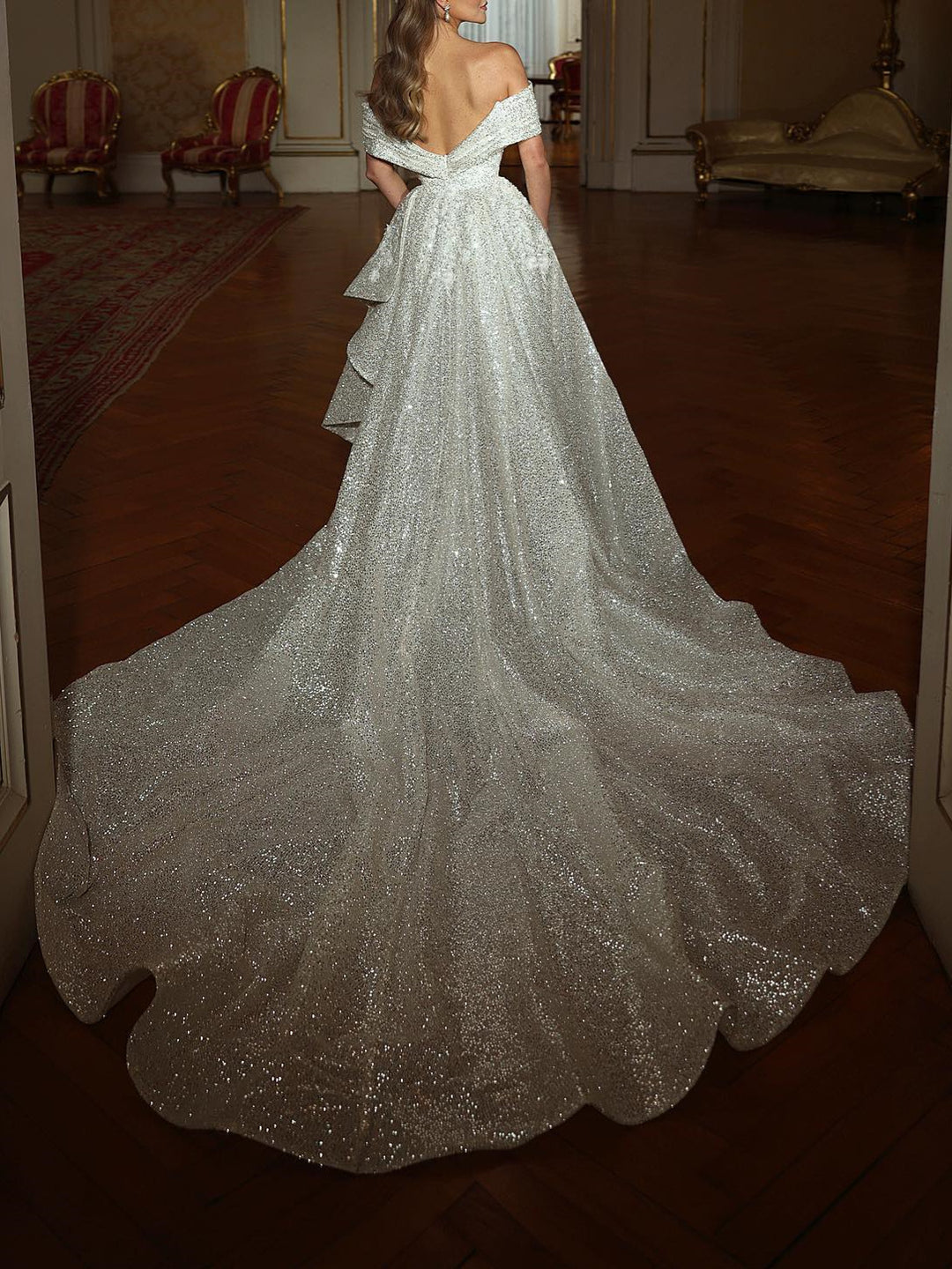 Sheath/Column Off-the-Shoulder Sequined Lace Court Train Prom Dresses With Pleated/Court Train BabaMila