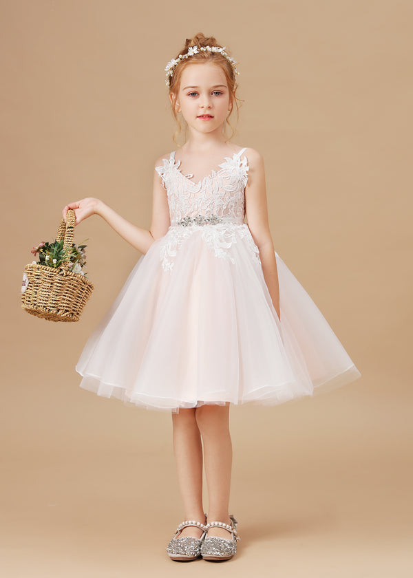 Princess V-Neck Spaghetti Straps Knee-Length Tulle/Lace/Satin Flower Girl Dresses/Girls Birthday Dresses With Beads Ribbon/Appliques Gidiondress