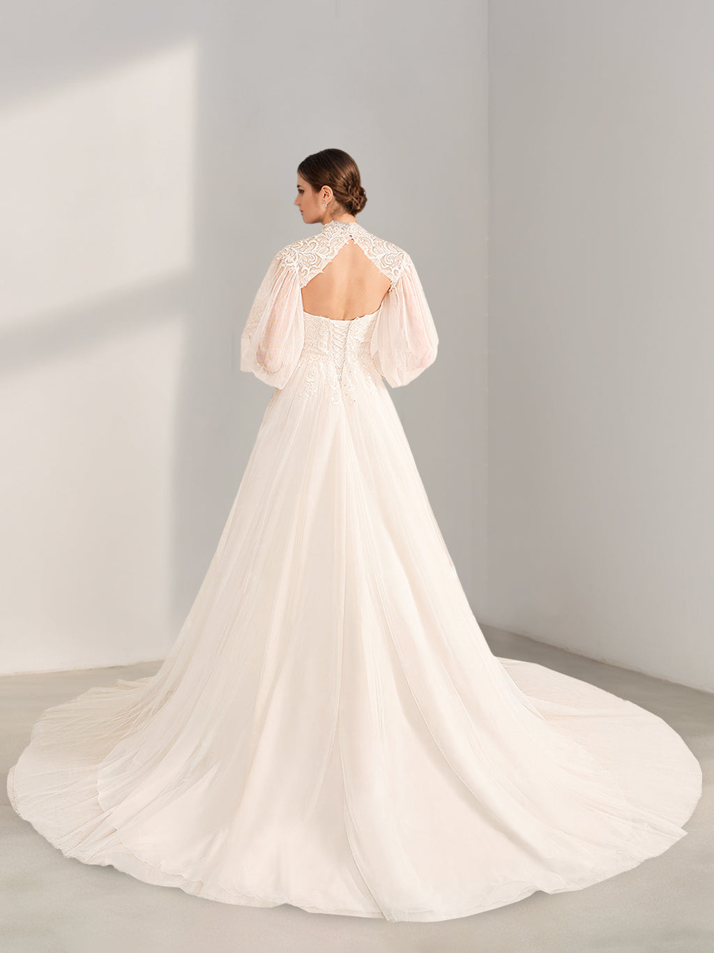A-Line/Princess Halter Neck Long Sleeves Floor-Length Long Wedding Dress with Lace & Appliques BabaMila