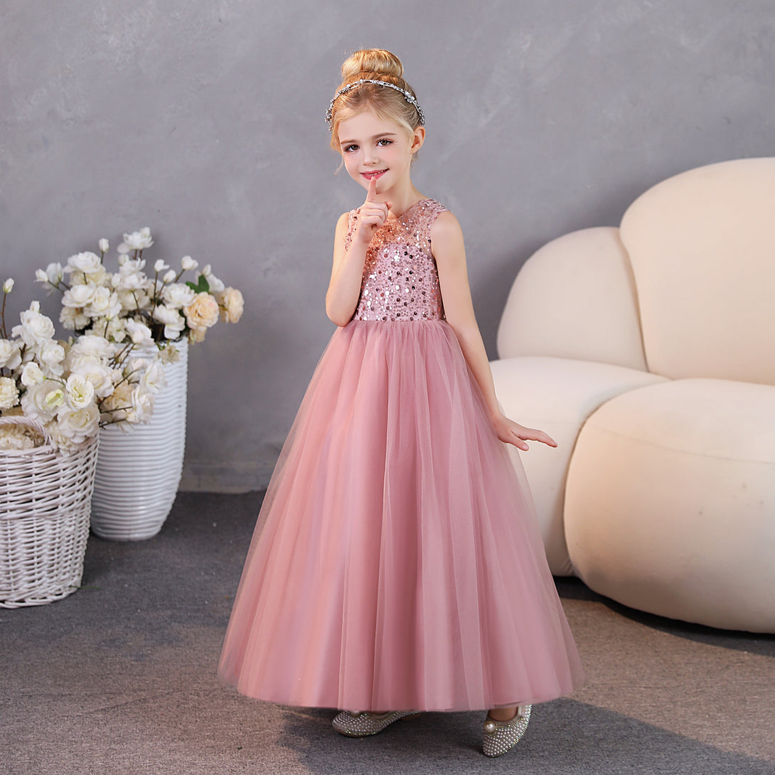 Girls Birthday Dresses Scoop Neck Sleeveless Satin/Tulle Floor-Length Party Dresses With Sequins/Bow Gidiondress