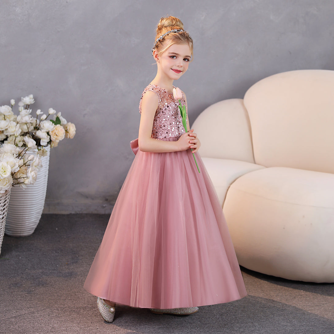 Girls Birthday Dresses Scoop Neck Sleeveless Satin/Tulle Floor-Length Party Dresses With Sequins/Bow Gidiondress