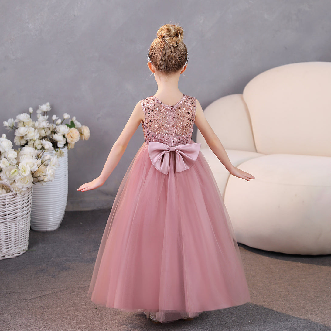 Girls Birthday Dresses Scoop Neck Sleeveless Satin/Tulle Floor-Length Party Dresses With Sequins/Bow Gidiondress