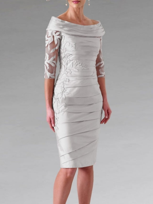 Sheath/Column Off-The-Shoulder Short Sleeves Tea-Length Unique Mother Of The Bride Dresses With Feathers BabaMila