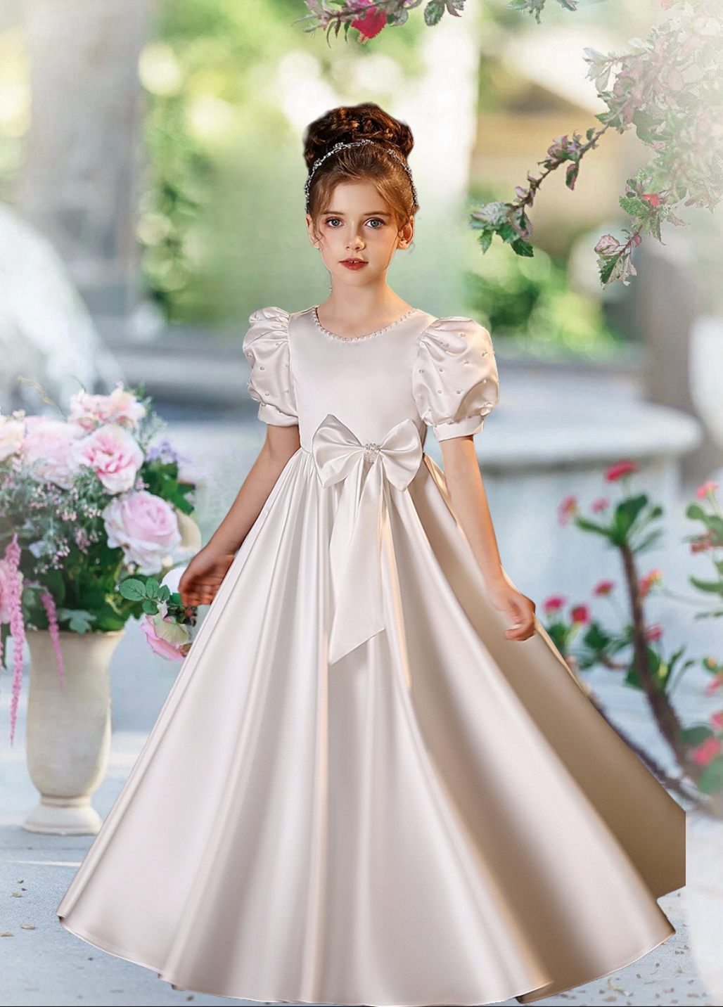 First Communion Dresses Scoop Neck Puff Sleeve Floor-Length Satin Flower Girl Dresses With Beads/Bow Girls Gidiondress