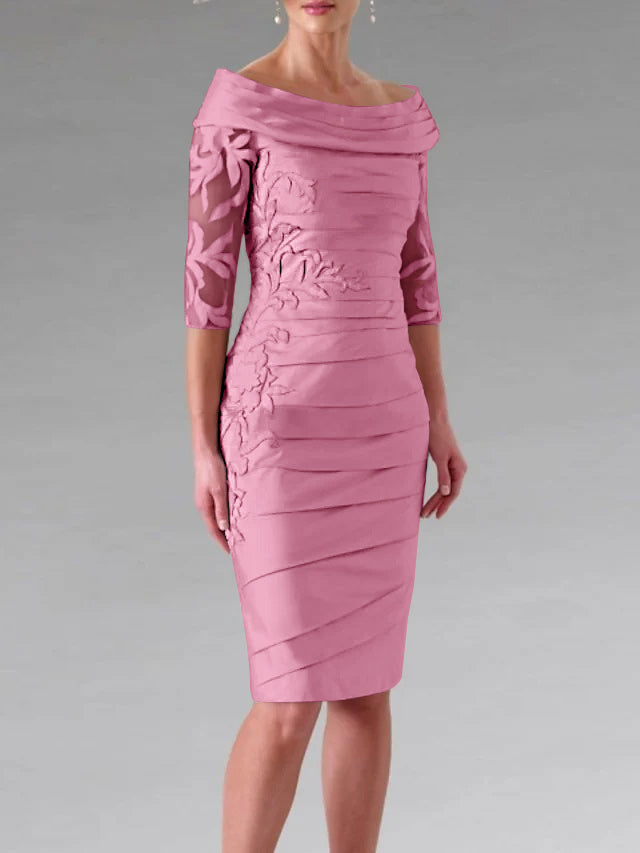 Sheath/Column Off-The-Shoulder Short Sleeves Tea-Length Unique Mother Of The Bride Dresses With Feathers BabaMila