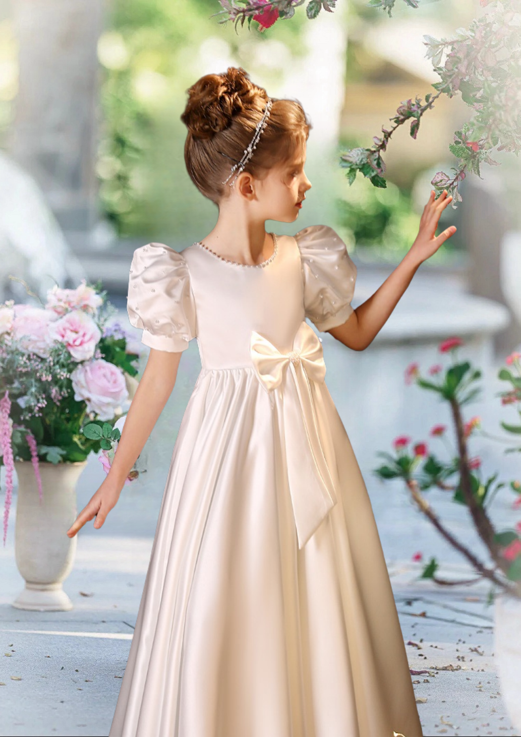 First Communion Dresses Scoop Neck Puff Sleeve Floor-Length Satin Flower Girl Dresses With Beads/Bow Girls Gidiondress