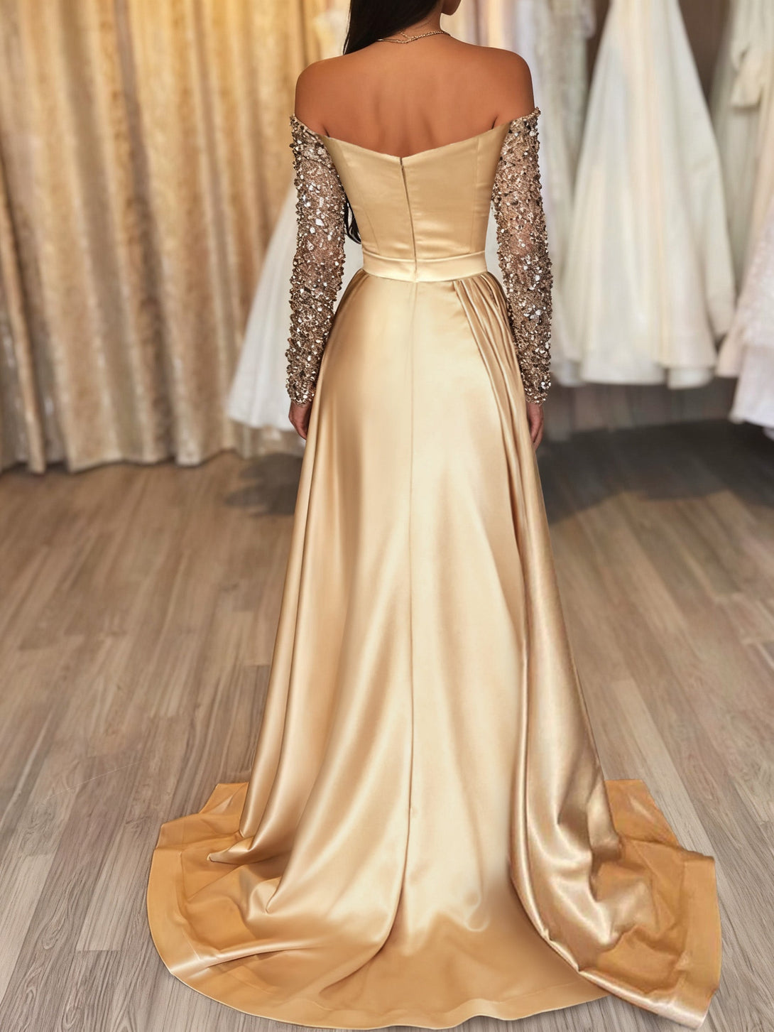 Sheath/Column Off-The-Shoulder Evening Dresses Satin Floor-Length Long With Split Side Sequins BabaMila