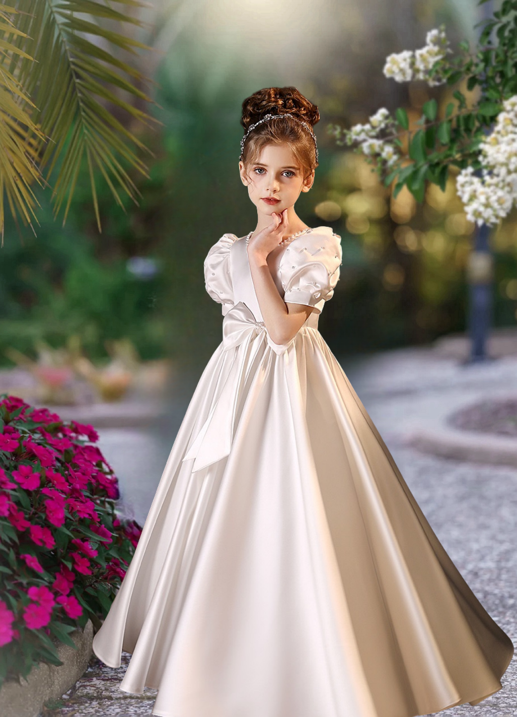 First Communion Dresses Scoop Neck Puff Sleeve Floor-Length Satin Flower Girl Dresses With Beads/Bow Girls Gidiondress