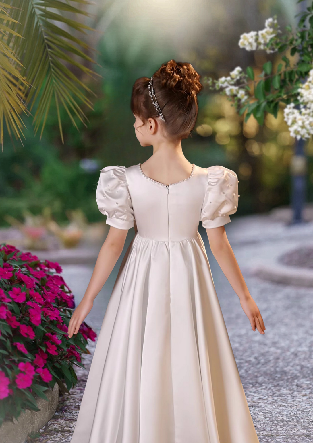 First Communion Dresses Scoop Neck Puff Sleeve Floor-Length Satin Flower Girl Dresses With Beads/Bow Girls Gidiondress