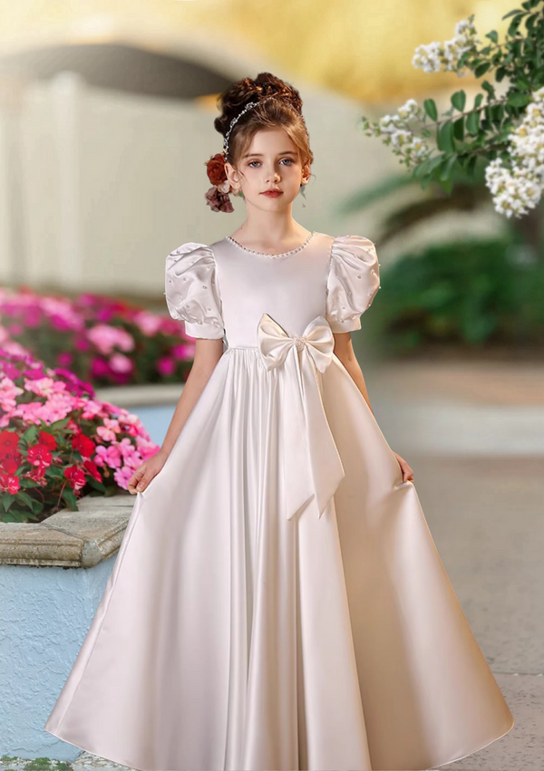 First Communion Dresses Scoop Neck Puff Sleeve Floor-Length Satin Flower Girl Dresses With Beads/Bow Girls Gidiondress