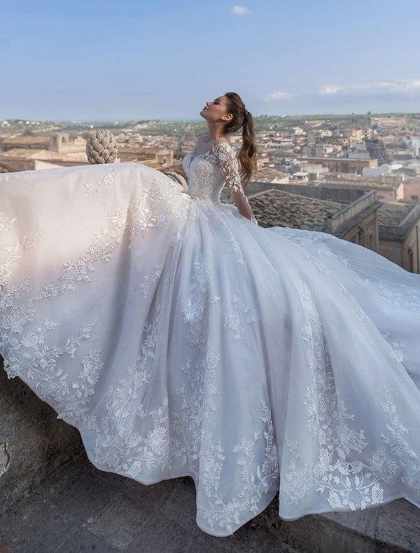 Ball Gown V-Neck Floor-length Lace up Wedding Dress With Applique BabaMila