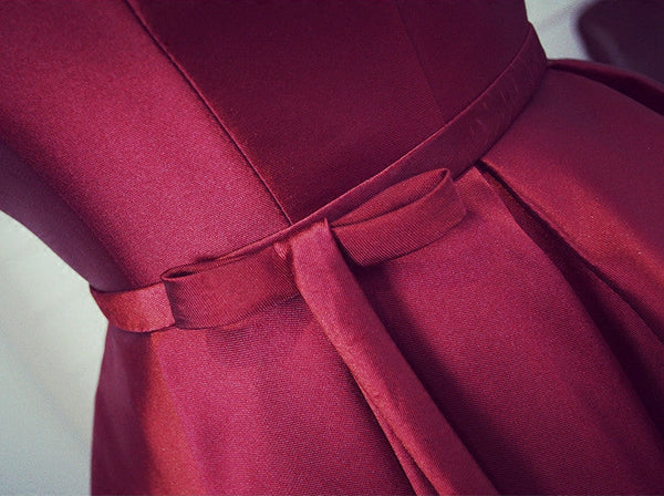 Homecoming Dress Satin V-neck Bowknot Burgundy Short Prom Dress Party Dress Homecoming Dress BabaMila