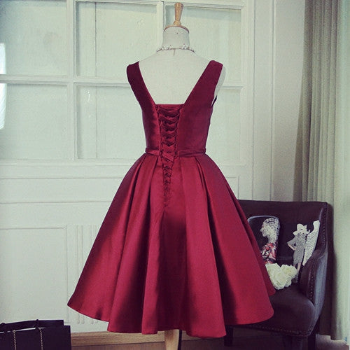 Homecoming Dress Satin V-neck Bowknot Burgundy Short Prom Dress Party Dress Homecoming Dress BabaMila