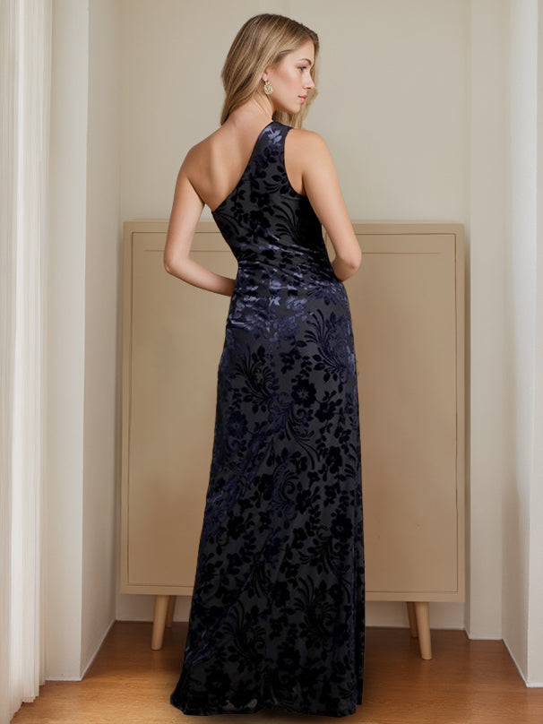 A-Line/Princess One-Shoulder Sleeveless Floor-Length Velvet Mother Of The Bride Dresses With Split Side BabaMila