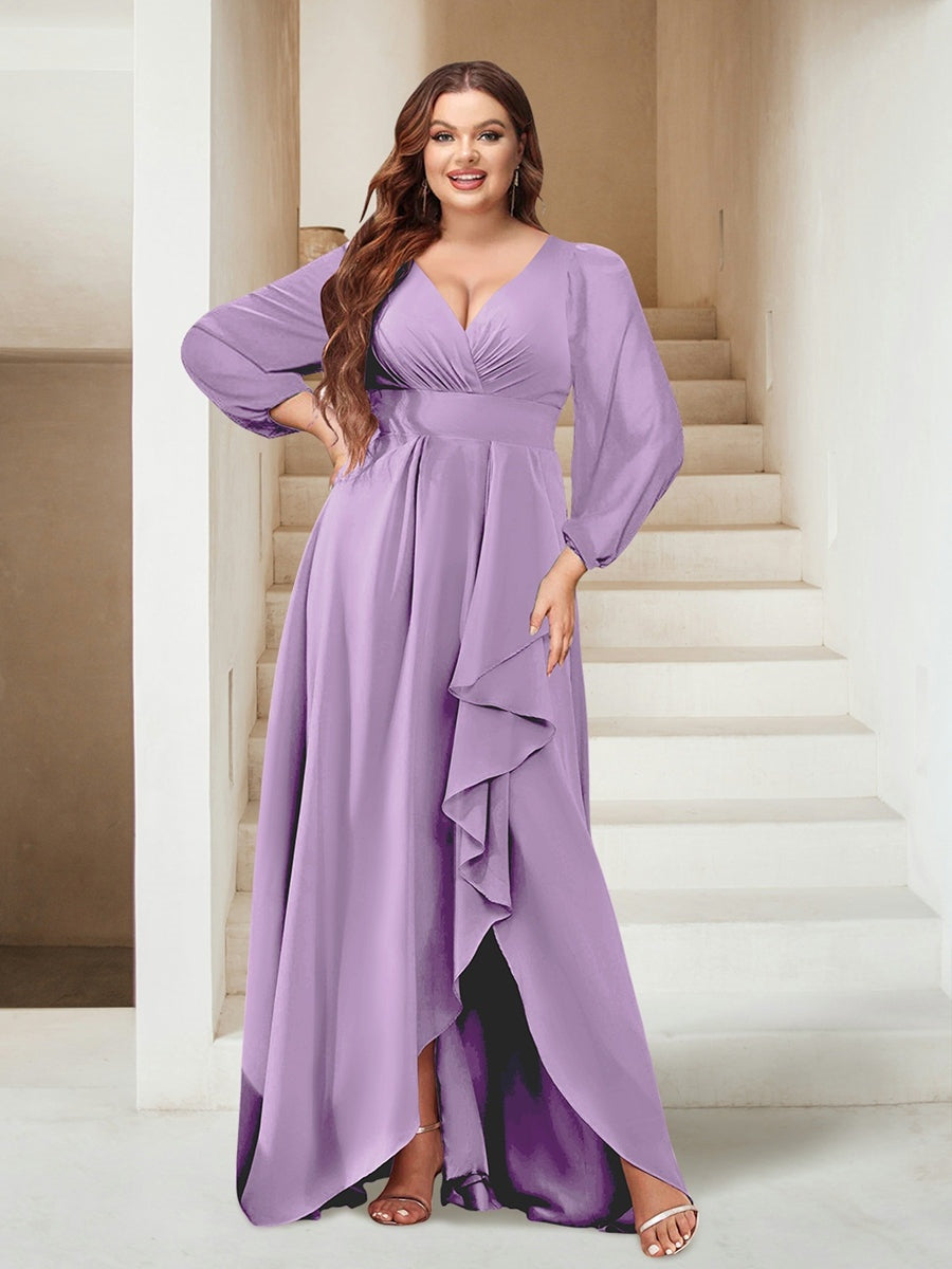 A-Line/Princess V-Neck Asymmetrical Plus Size Bridesmaid Dresses with Split Side BabaMila
