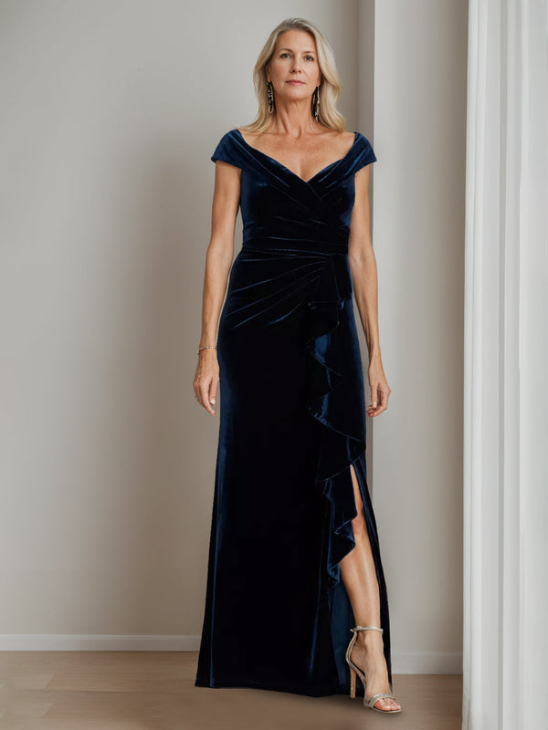A-Line/Princess V-Neck Short Sleeves Floor-Length Velvet Mother Of The Bride Dresses With Split Side BabaMila