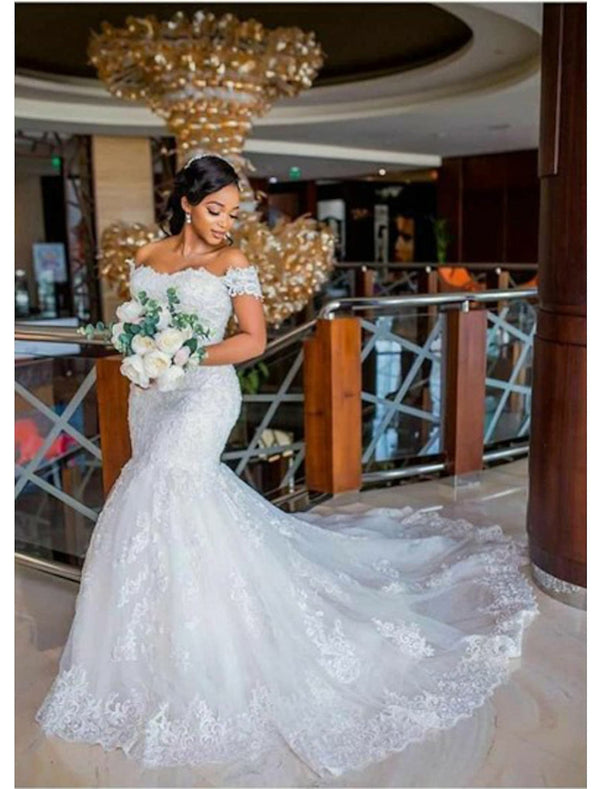 Trumpet/Mermaid Off-the-Shoulder Court Train Lace Wedding Dress With Applique BabaMila