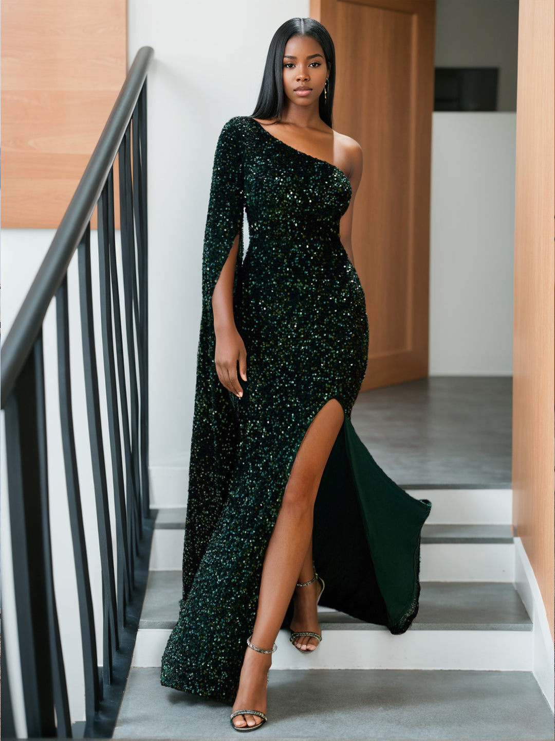 Trumpet/Mermaid One-Shoulder Floor-length Long Prom Evening Dresses with Split Side/Watteau Train BabaMila