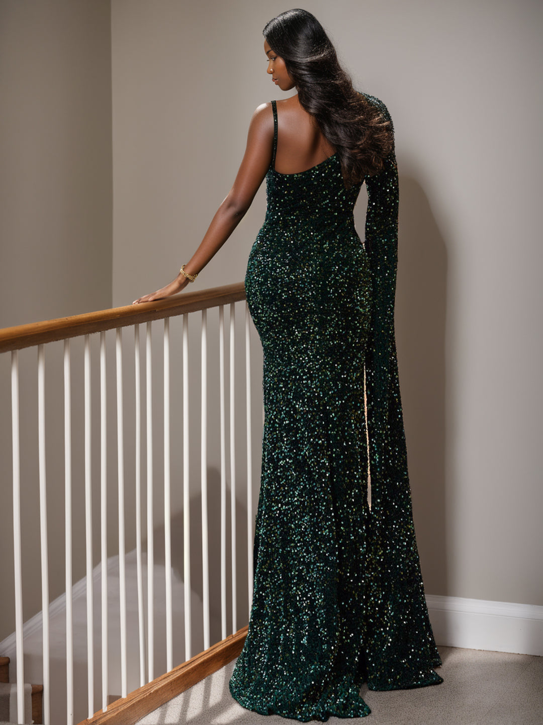 Trumpet/Mermaid One-Shoulder Floor-length Long Prom Evening Dresses with Split Side/Watteau Train BabaMila
