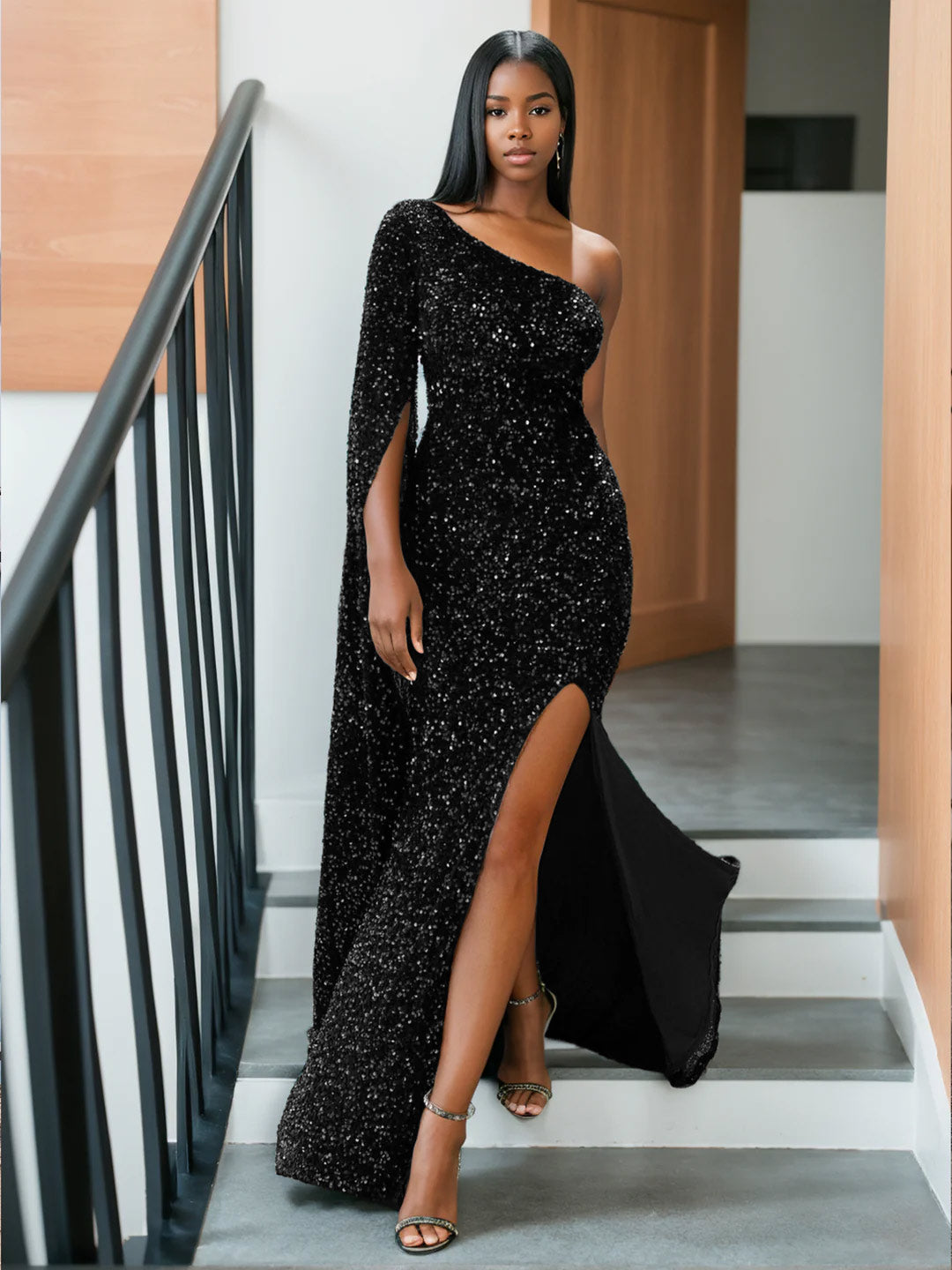 Trumpet/Mermaid One-Shoulder Floor-length Long Prom Evening Dresses with Split Side/Watteau Train BabaMila