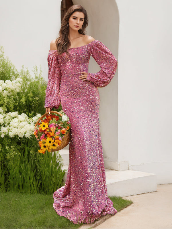 Sheath/Column Off-the-Shoulder Long Sleeves Floor-length Long Prom Evening Dresses With Sequins BabaMila