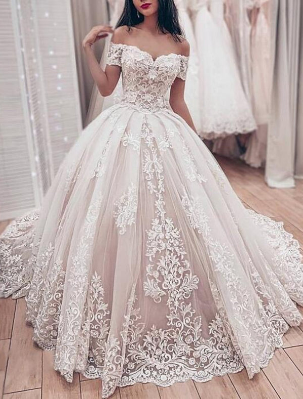 Ball Gown Ivory Sweetheart Neck Off-the-Shoulder Court Train Lace Wedding Dress BabaMila