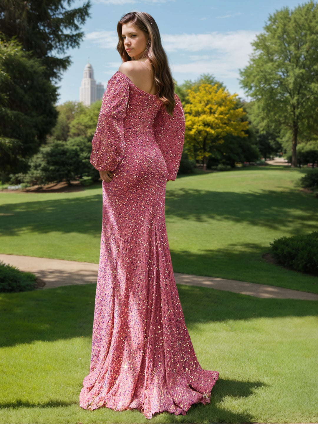 Sheath/Column Off-the-Shoulder Long Sleeves Floor-length Long Prom Evening Dresses With Sequins BabaMila