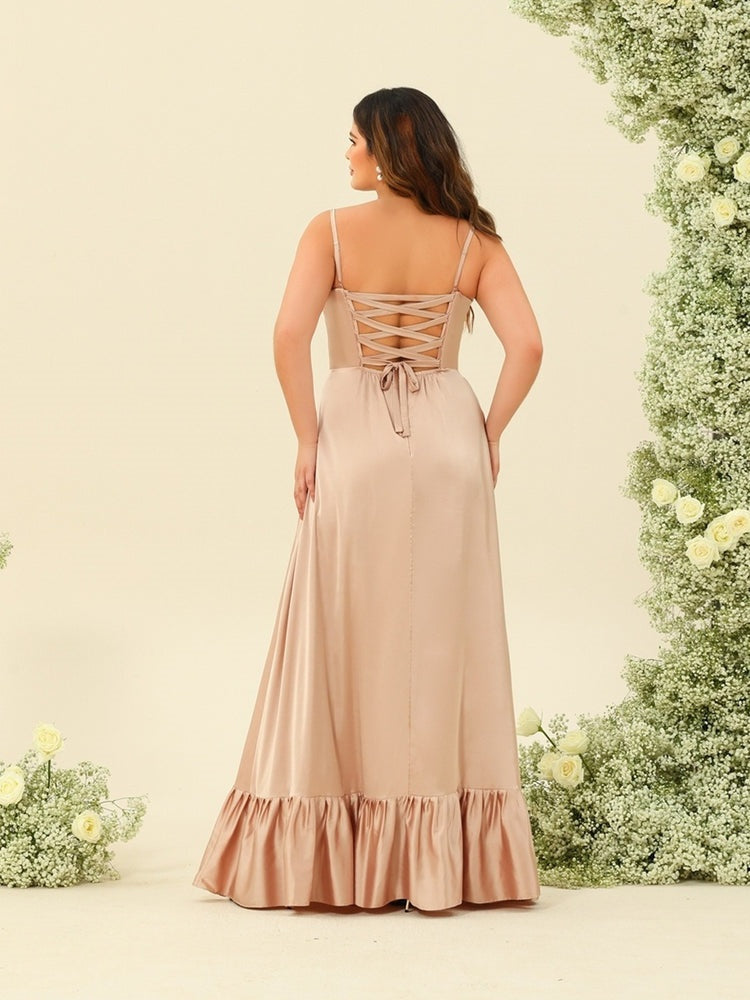 A-Line/Princess Spaghetti Straps Lace-Up Split Side Plus Size Bridesmaid Dresses BabaMila