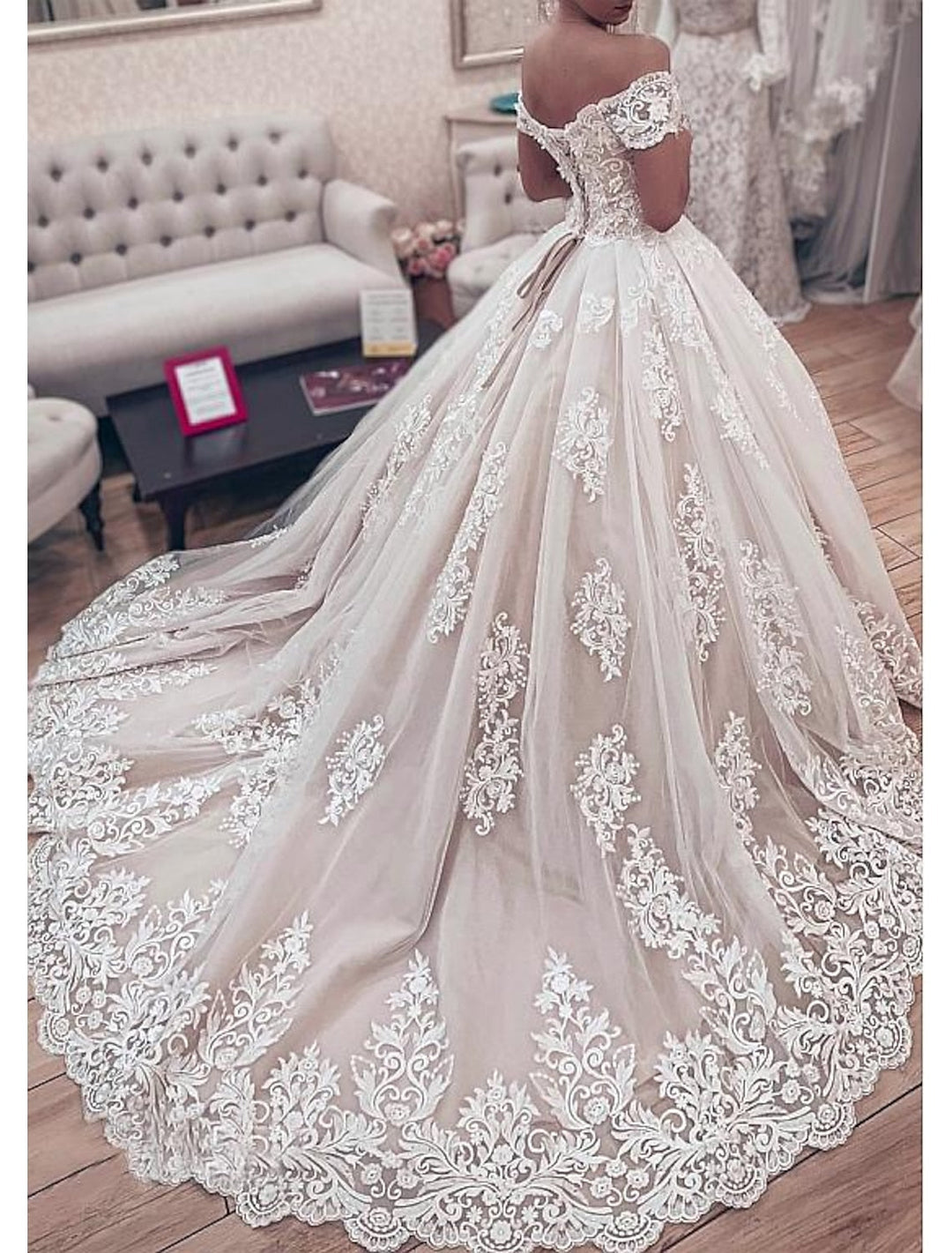 Ball Gown Ivory Sweetheart Neck Off-the-Shoulder Court Train Lace Wedding Dress BabaMila