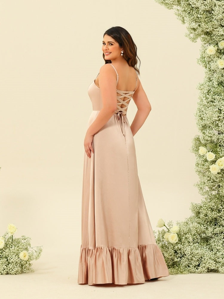 A-Line/Princess Spaghetti Straps Lace-Up Split Side Plus Size Bridesmaid Dresses BabaMila