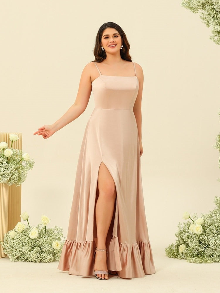 A-Line/Princess Spaghetti Straps Lace-Up Split Side Plus Size Bridesmaid Dresses BabaMila