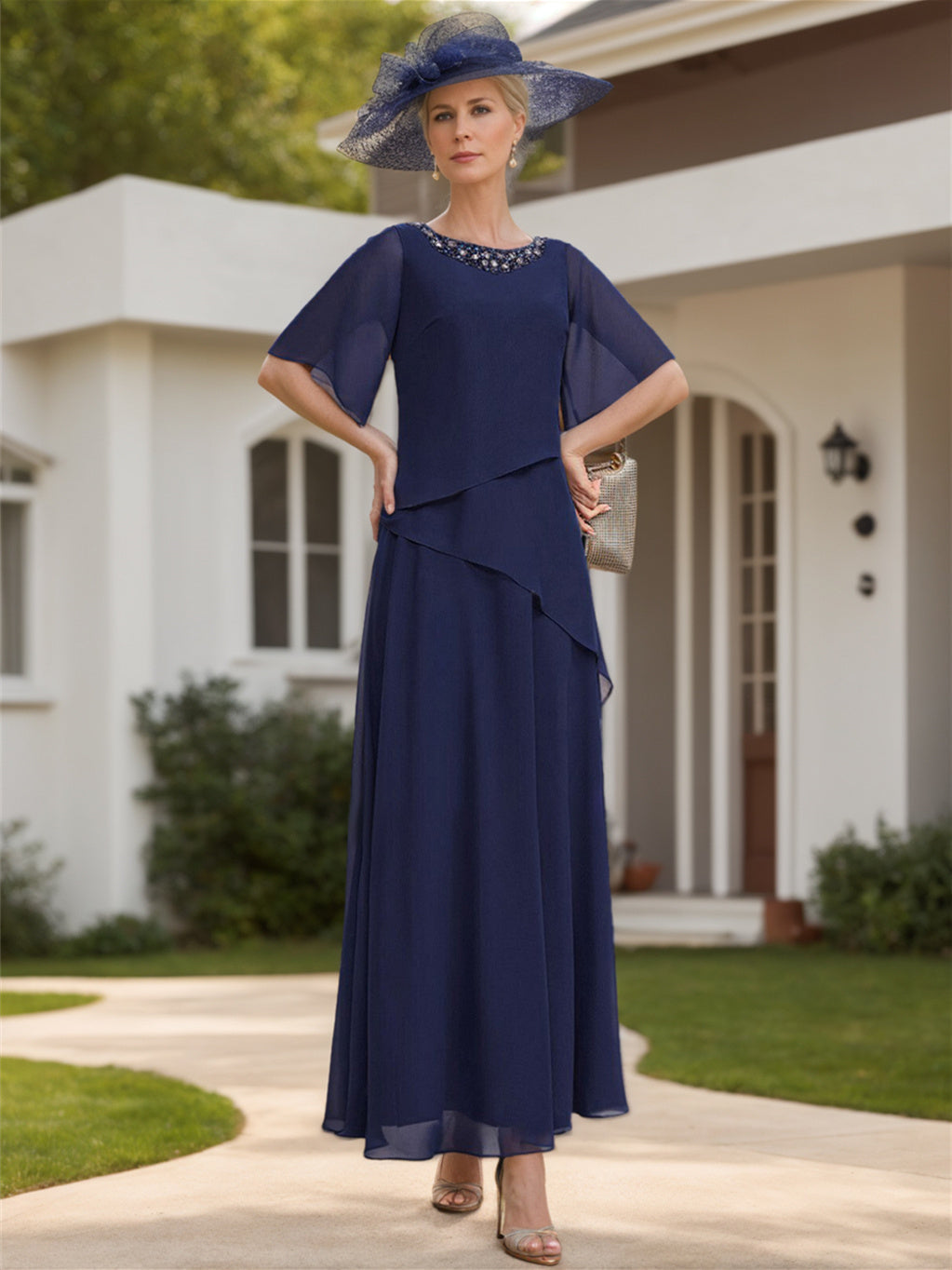 A-Line/Princess Chiffon Ankle-Length 1/2 Sleeves Scoop Mother Of The Bride Dresses BabaMila