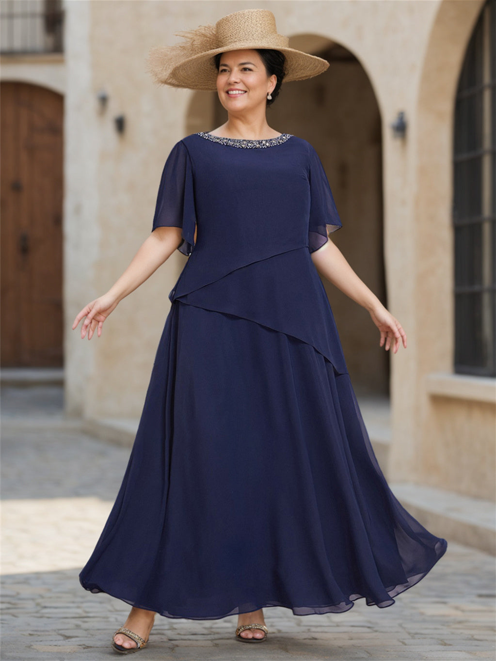 A-Line/Princess Chiffon Ankle-Length 1/2 Sleeves Scoop Mother Of The Bride Dresses BabaMila