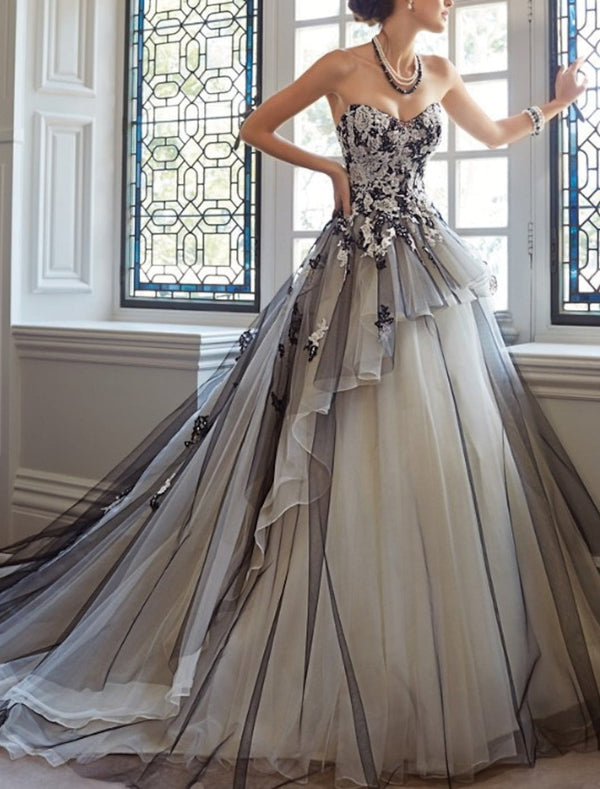 Ball Gown Strapless Cascading Ruffles Floor-length Lace Applique Wedding Dress BabaMila