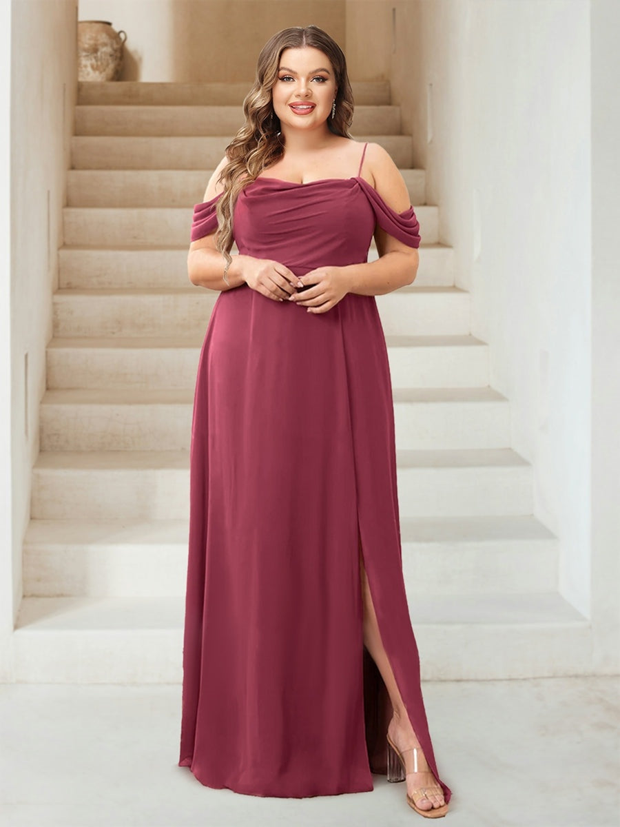 A-Line/Princess Cowl Neck Plus Size Floor-Length Chiffon Bridesmaid Dresses with Split Side BabaMila