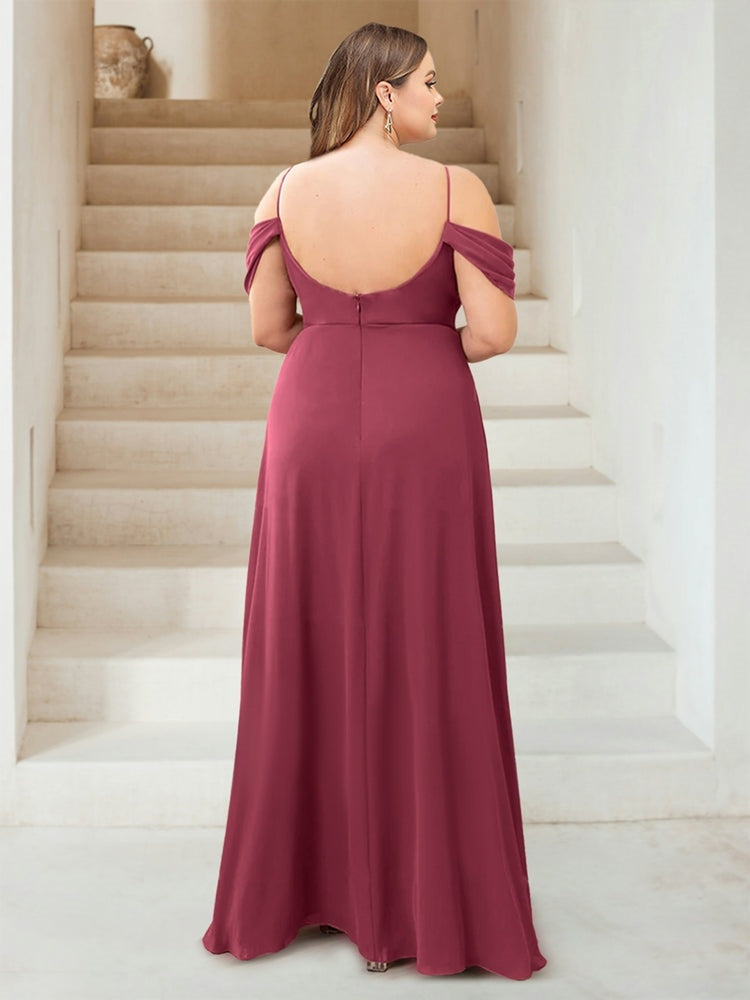 A-Line/Princess Cowl Neck Plus Size Floor-Length Chiffon Bridesmaid Dresses with Split Side BabaMila